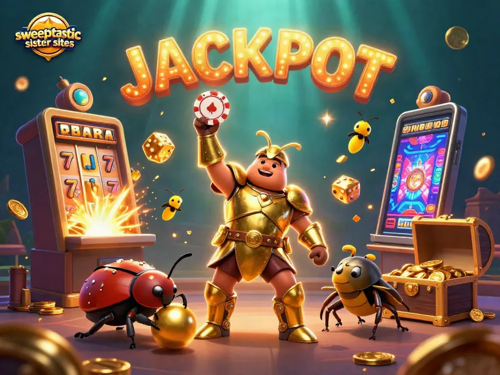 Experience excitement with sweeptastic sister sites as a winning beetle celebrates a jackpot.