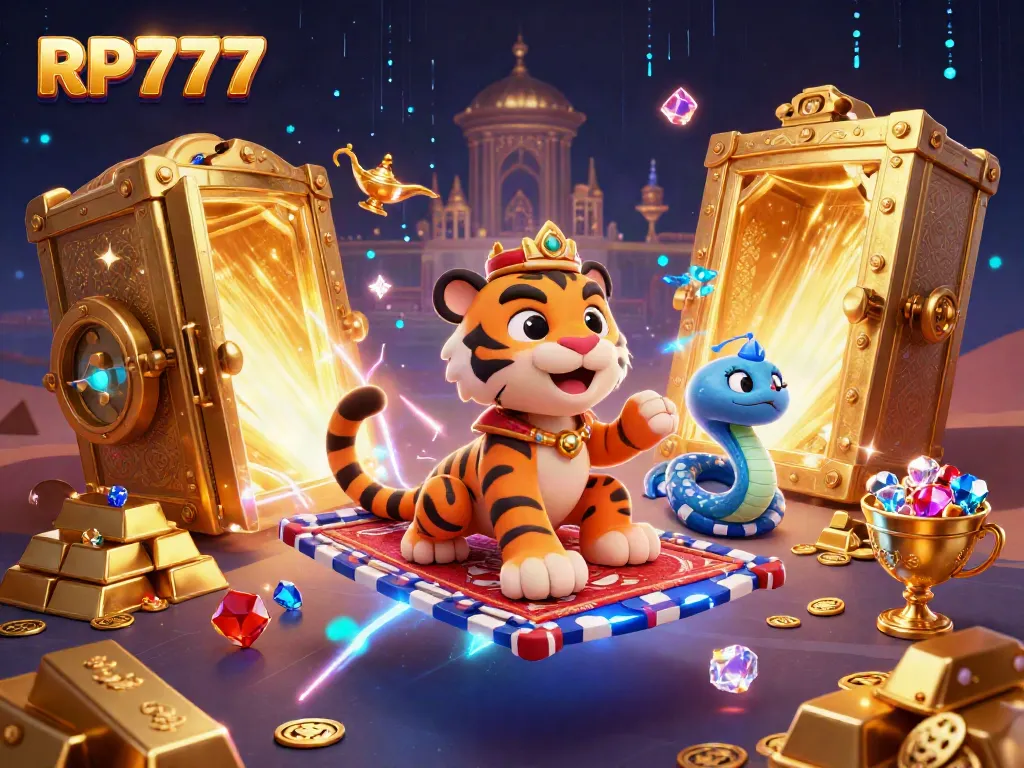 Experience the thrill of RP777 with a dazzling 3D scene of a tiger sultan and treasures from a flying carpet.