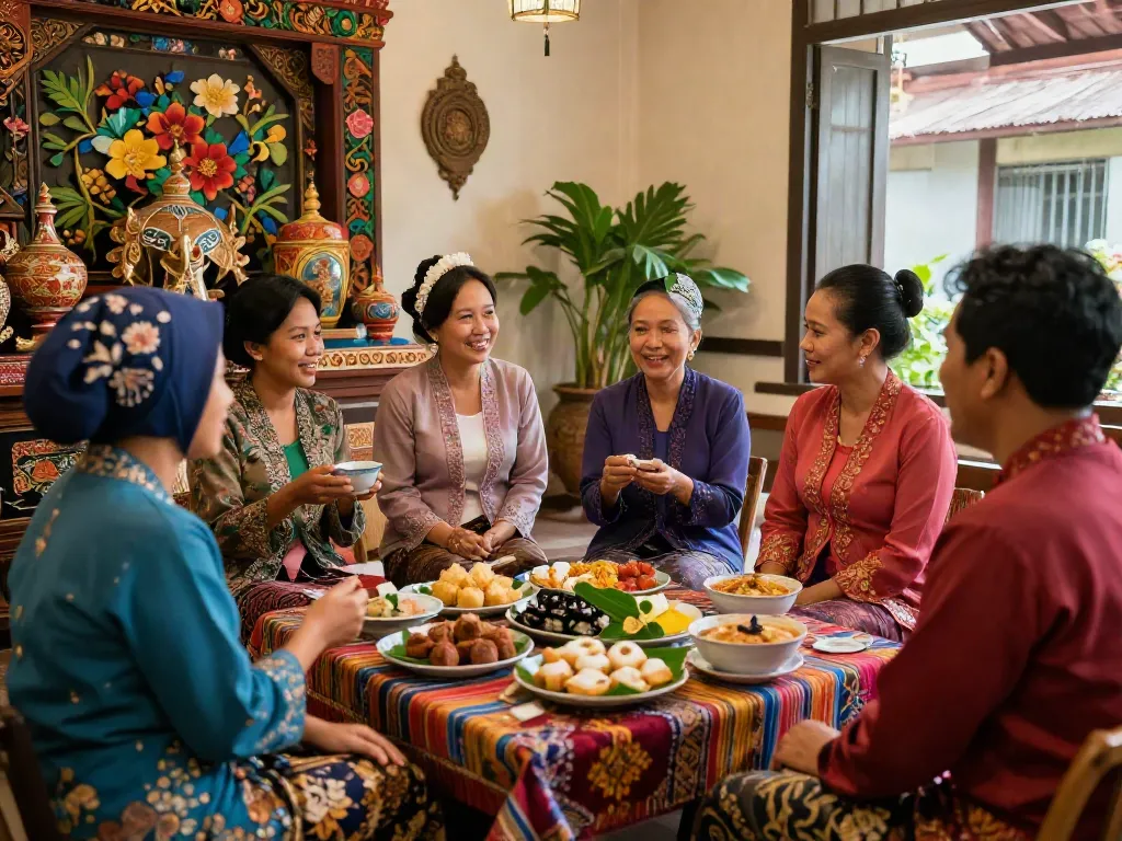 Nyonya 4D cultural gathering showcasing diverse individuals in traditional attire sharing experiences and enjoying traditional delicacies.