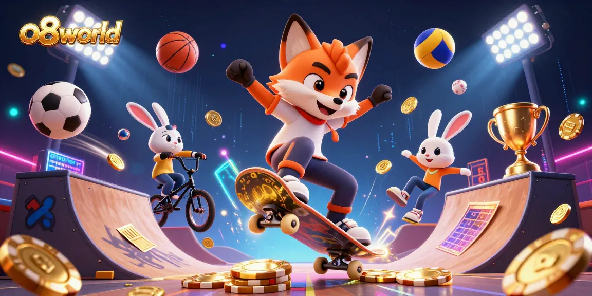Watch the dynamic action of o8world with a cartoon fox and rabbit in a vibrant casino scene.