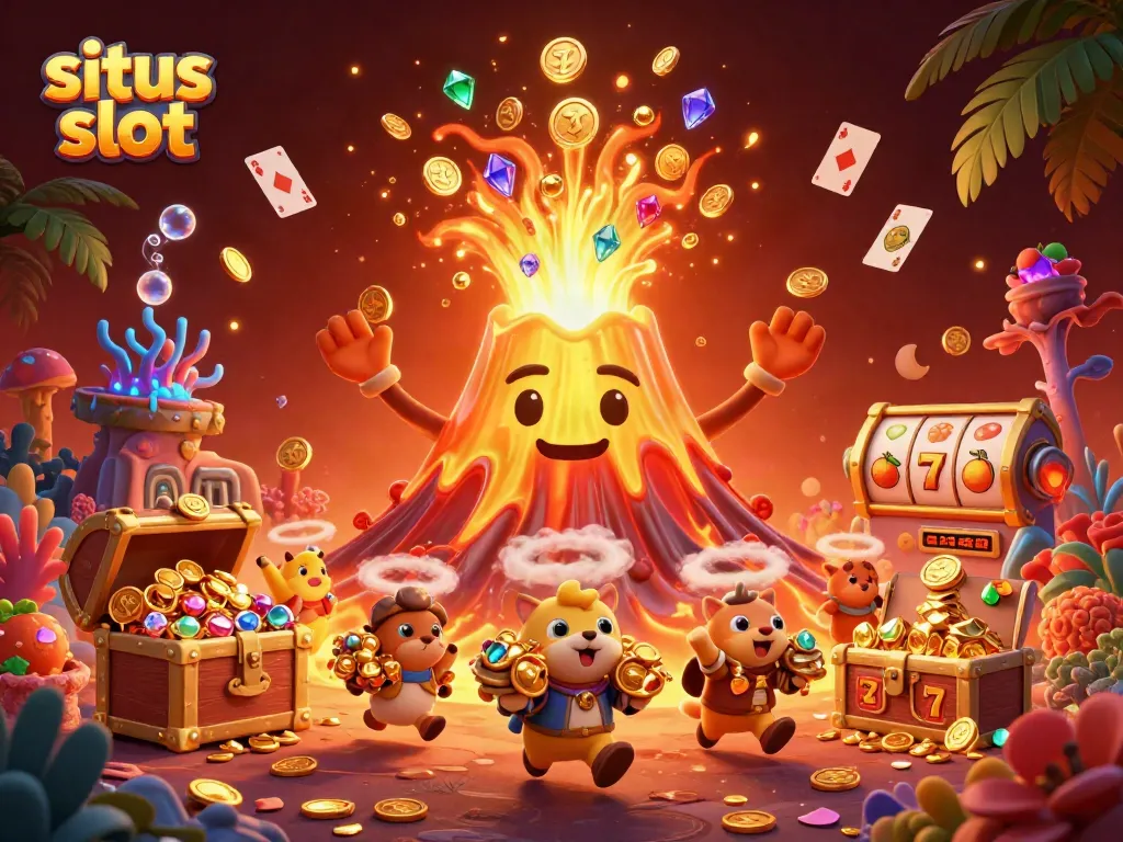 Memenangkan jackpot situs slot dengan pemandangan gunung berapi ceria yang memancar harta karun.