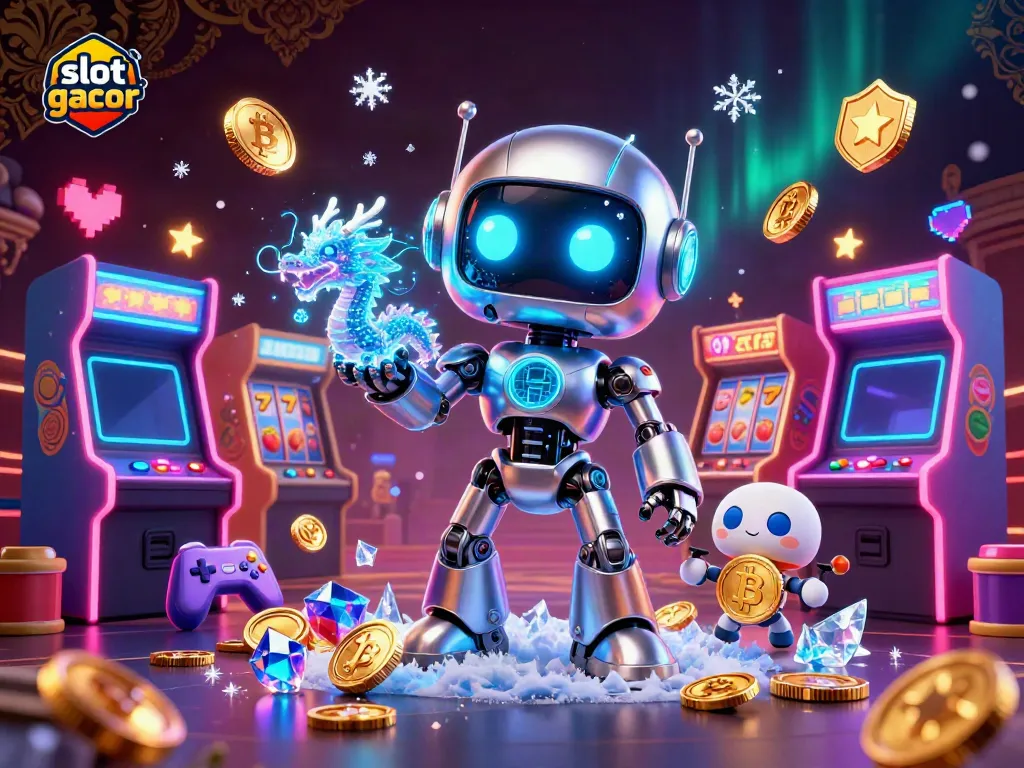 Engaging scene showcasing slot gacor gaming with a cyberpunk robot and holographic dragon amidst colorful slot reels and arcade elements.
