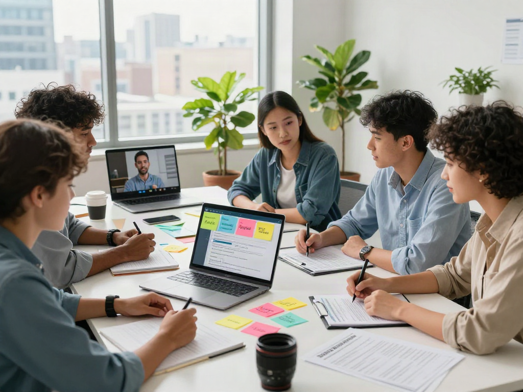 Collaboration on หางาน with young professionals in a modern office.