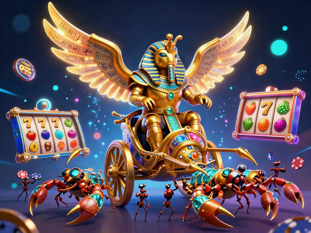 Gambarkan keberuntungan dengan situs gacor hari ini, menampilkan scarab emas dan simbol slot berwarna-warni dalam kasino digital.