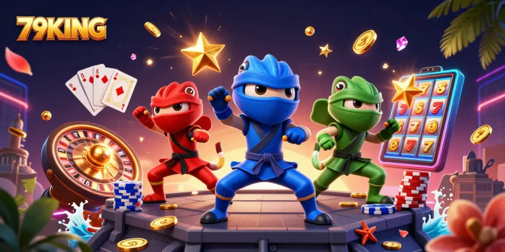 79KING showcases a vibrant scene of 3D chameleons celebrating in a casino with coins and roulette.