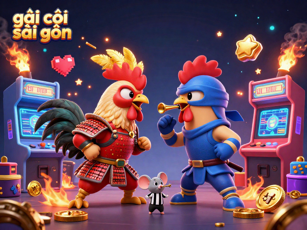 Engage in the exciting world of gái gọi sài gòn with fighting roosters amid colorful arcade game elements.