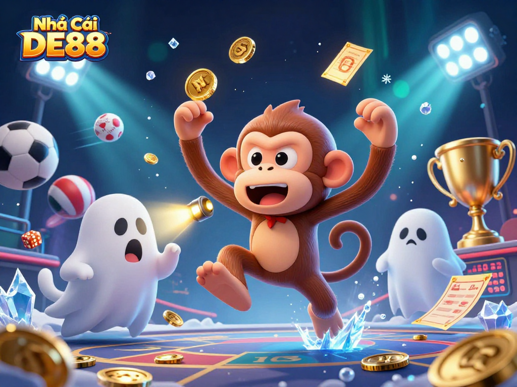 Experience thrilling gaming at Nhà Cái DE88 with playful characters and dynamic casino elements.