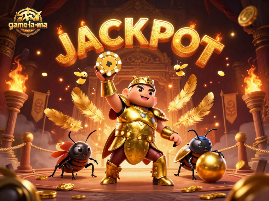 Engage with game-la-ma as a victorious beetle lifts a poker chip in a dynamic casino scene.