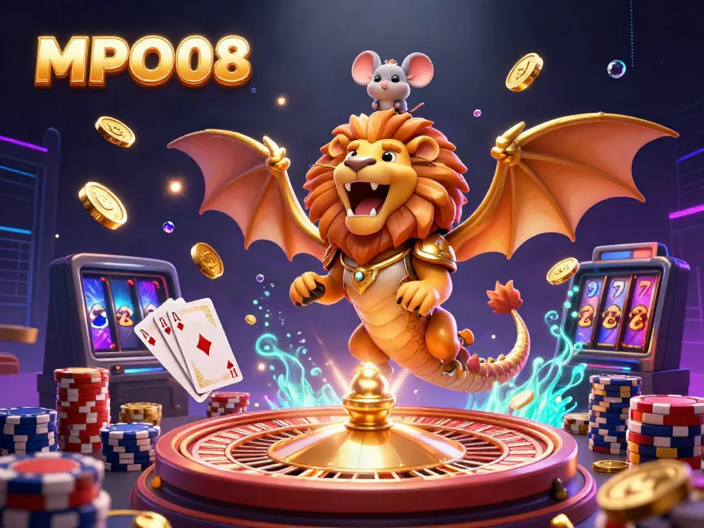 MPO08 showcases a golden chimera creature with a mouse jockey amidst a vibrant casino explosion of coins and cards.