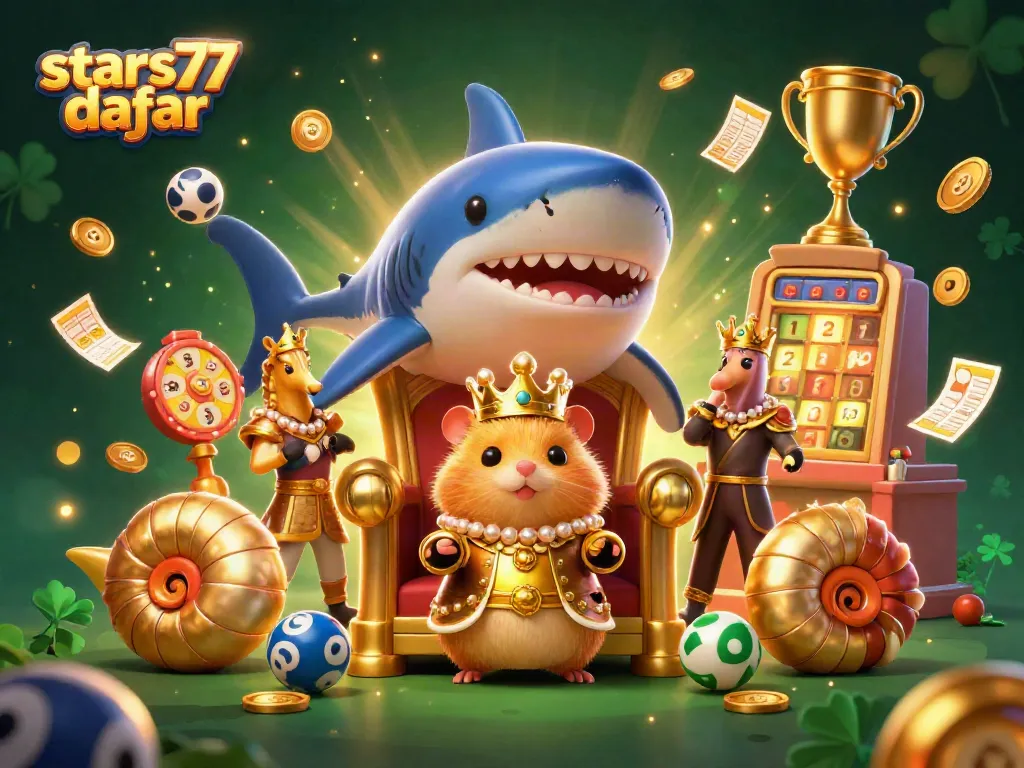 Gambaran lottery yang menarik di stars77 daftar dengan karakter kartun unik dan elemen permainan yang dinamis.