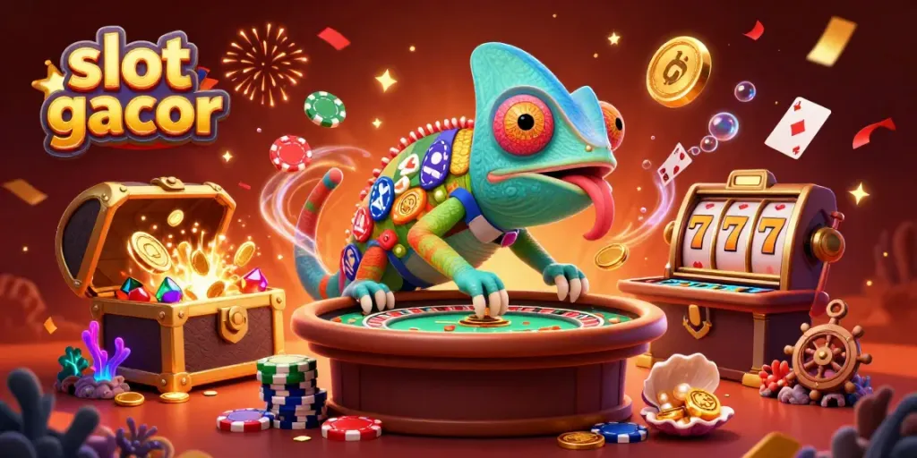 Engaging scene featuring a chameleon casino owner with slot reels and casino elements, showcasing slot gacor wins.