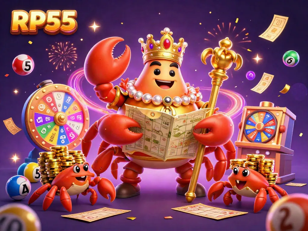 Experience winning thrills with RP55's vibrant lottery gaming scene featuring colorful elements and characters.
