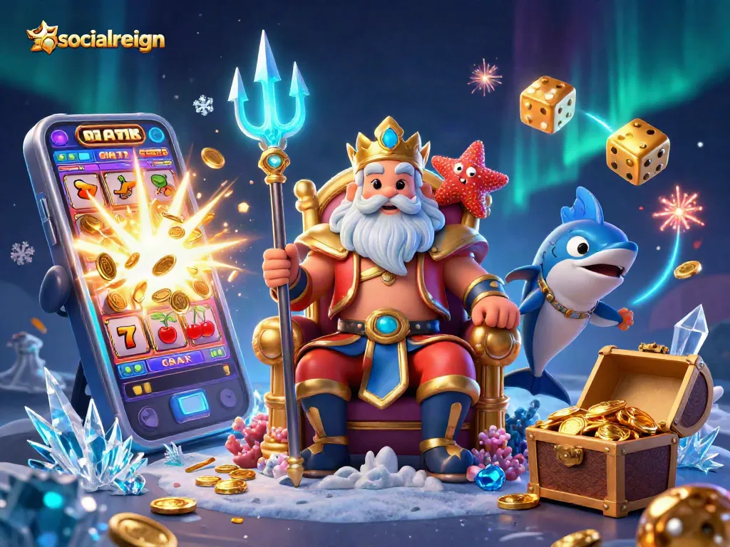 Experience socialreign's thrilling jackpot with a vibrant 3D casino scene featuring slot machines.