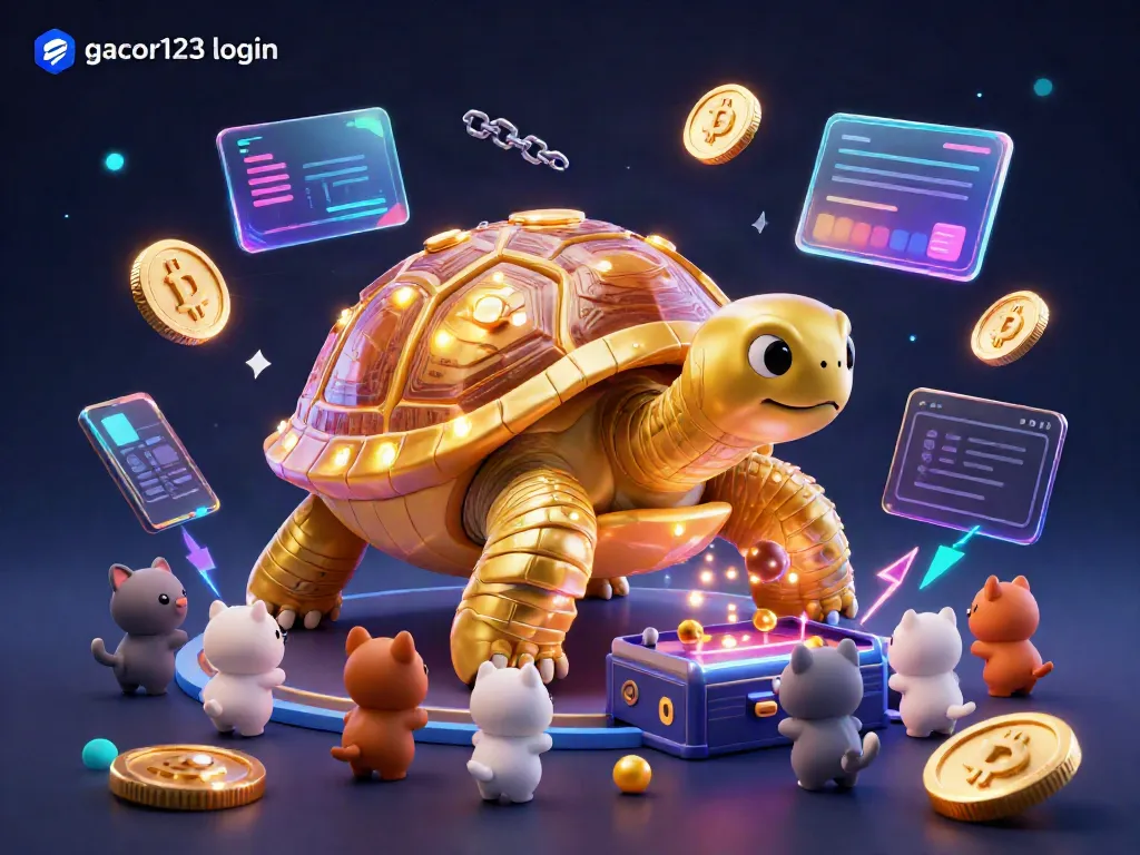 Engage with gacor123 login for exciting slot games and winnings with the animated tortoise and neon elements.