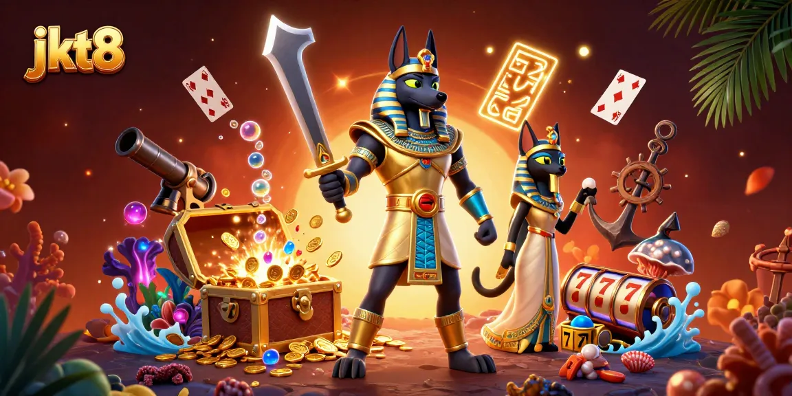 JKT8 menghadirkan pengalaman slot gacor dengan karakter Anubis dan Bastet dalam ilustrasi kasino 3D.