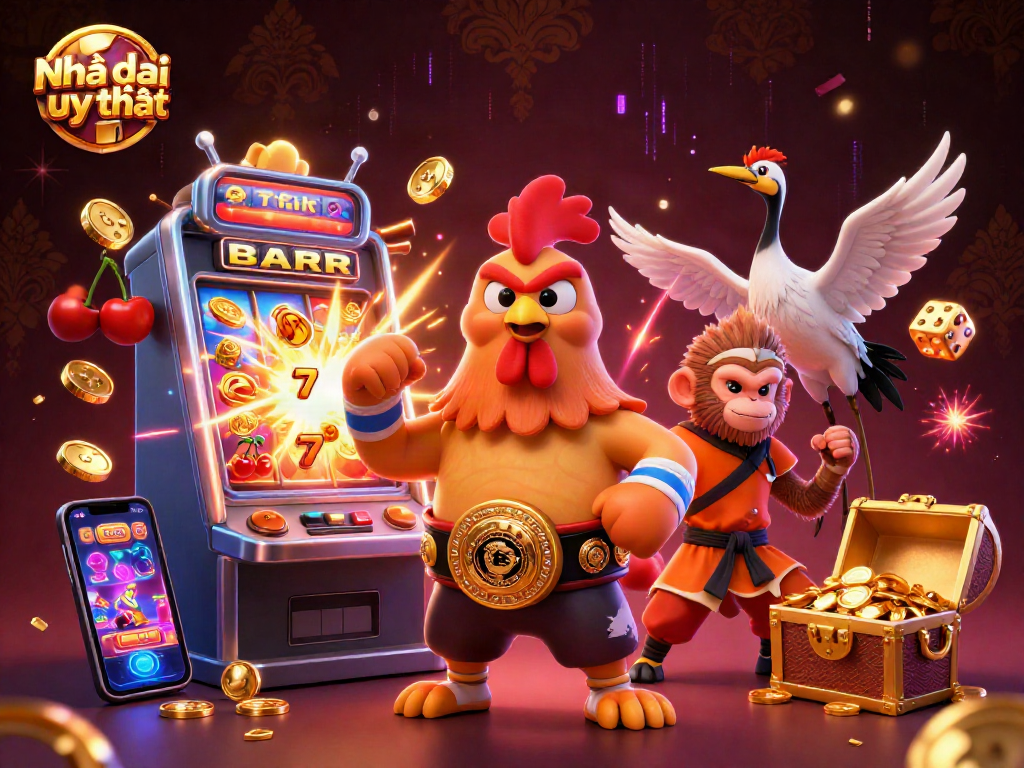 Play at Nhà cái uy tín with exciting slots and vibrant casino elements in this captivating illustration.