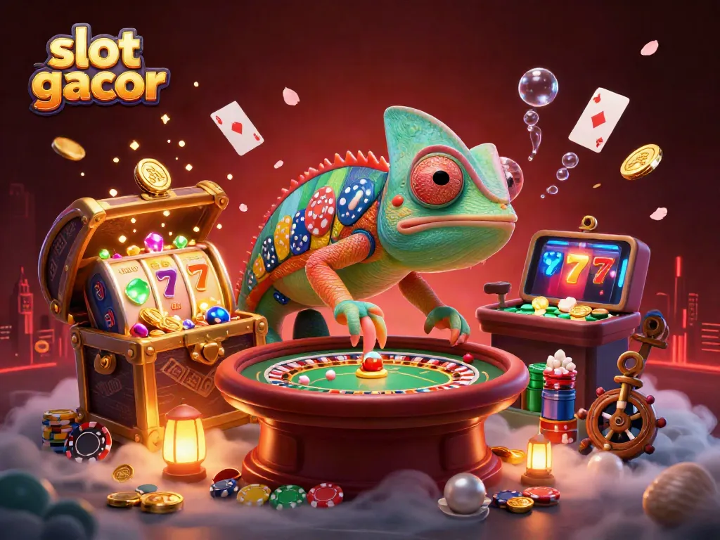 Experience slot gacor excitement with a colorful chameleon casino owner amidst gold coins and dynamic game elements.