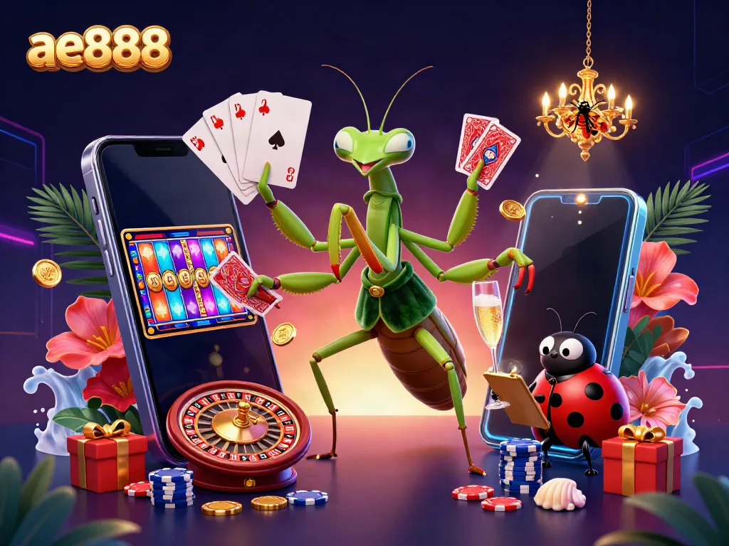 Experience the vibrant casino scene with ae888, featuring a giant praying mantis card sharp and a ladybug pit boss.