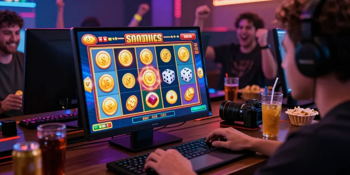 Player enjoying bandar slot game on a vibrant digital interface with colorful animations and symbols of luck.