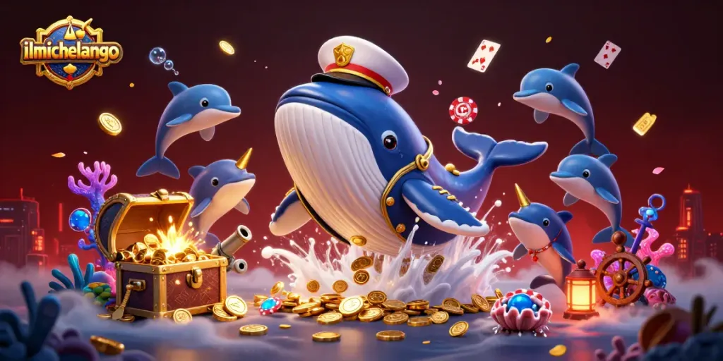 Experience excitement at ilmichelangelo with a whale, narwhal, and dolphins in a vibrant casino scene.