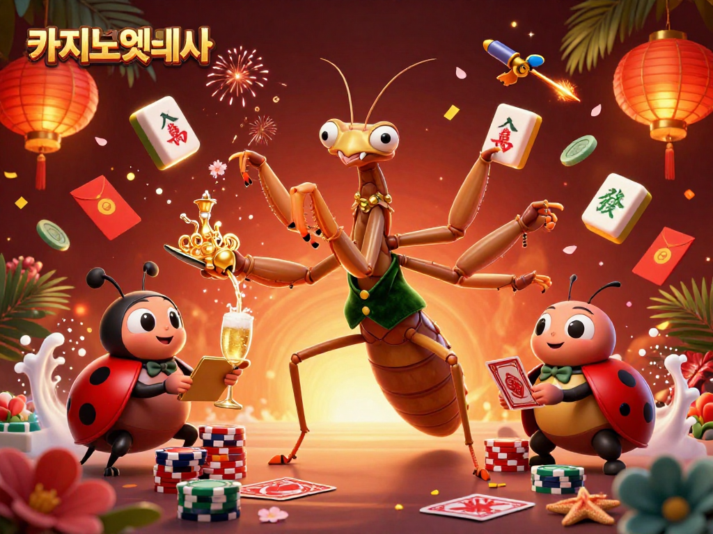 카지노사이트에서 카드 게임을 진행하는 만티스와 벗 나비의 생동감 넘치는 모습.