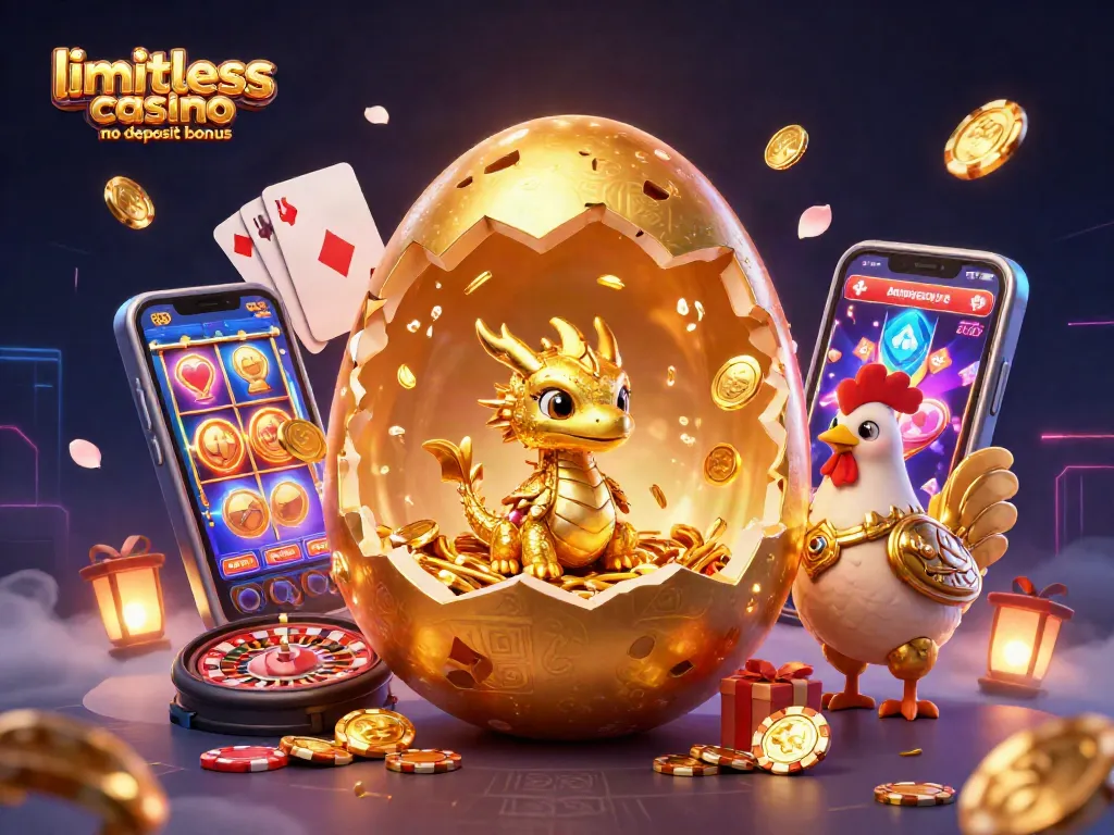 Experience the limitless casino no deposit bonus with a golden dragon and exciting game elements.