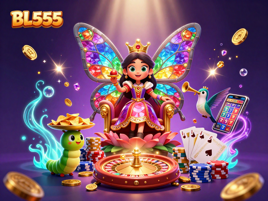 Spin and win at BL555 with a vibrant scene featuring a butterfly queen in a magical casino setting.