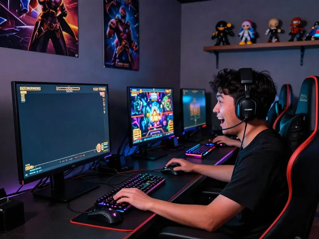 A person engaging intensely with akunjp gaming slots at a vibrant desktop setup, showcasing excitement and immersive gaming environment.