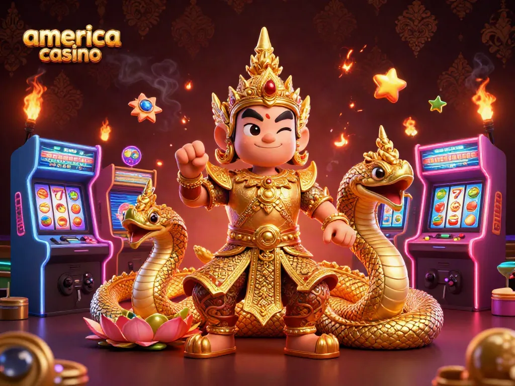 Engage with the vibrant america casino world featuring an ornate guardian, Naga serpents, and gaming elements in a rich 3D scene.