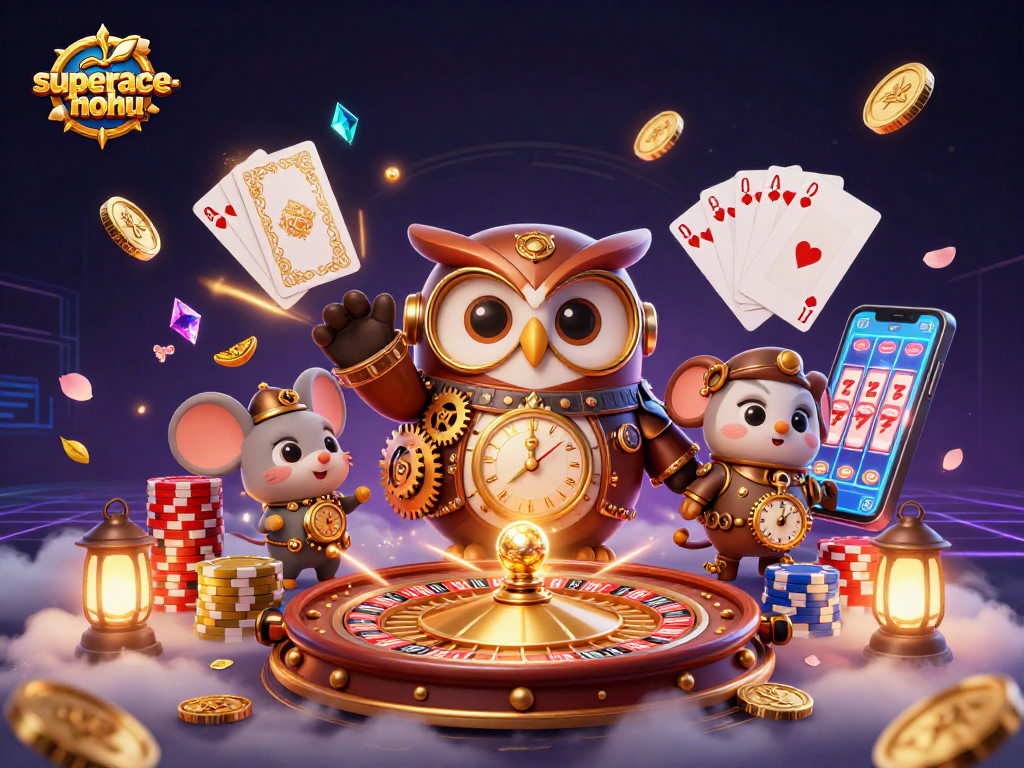 Engage with superace-nohu as the time-traveler owl unveils exciting casino adventures amid glowing treasures.