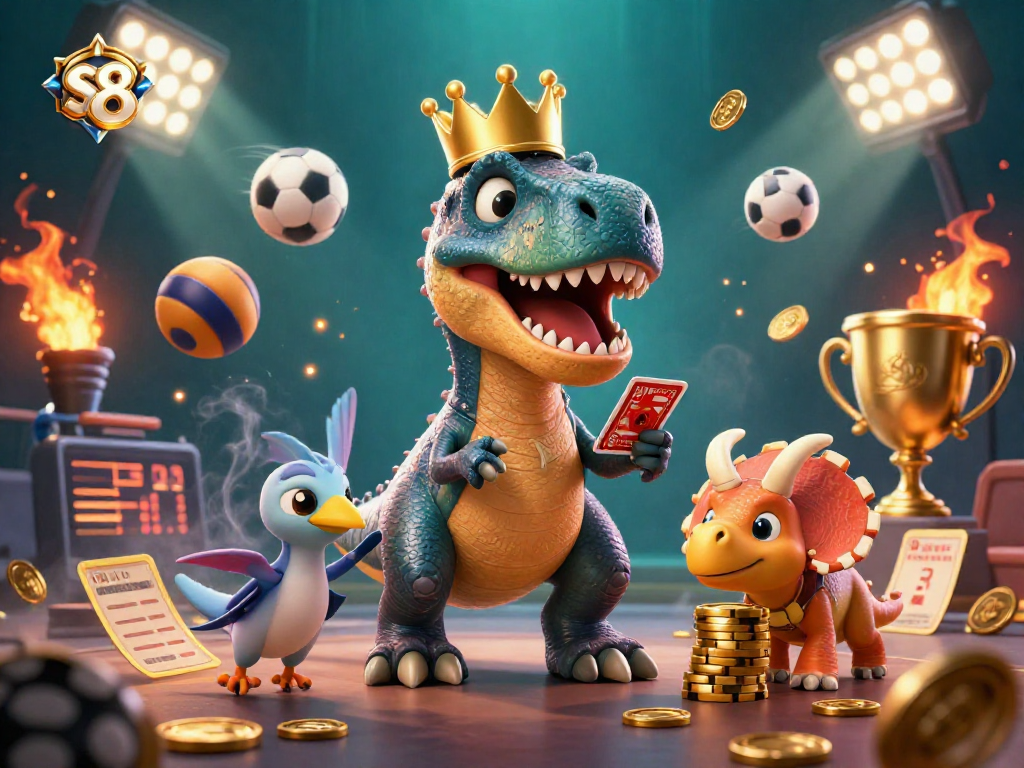 S8 gaming scene featuring a friendly T-Rex card shuffling, a pterodactyl assisting, and a triceratops stacking chips