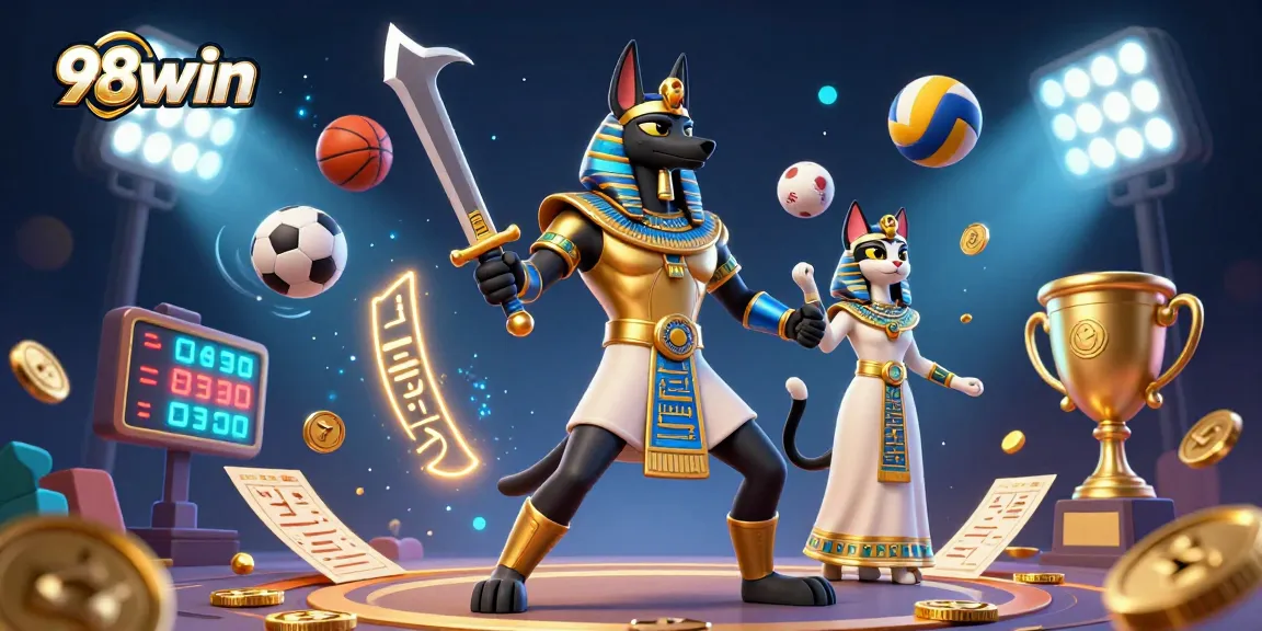 Engage with 98win's energetic casino experience, featuring Anubis and Bastet amid vibrant game elements.