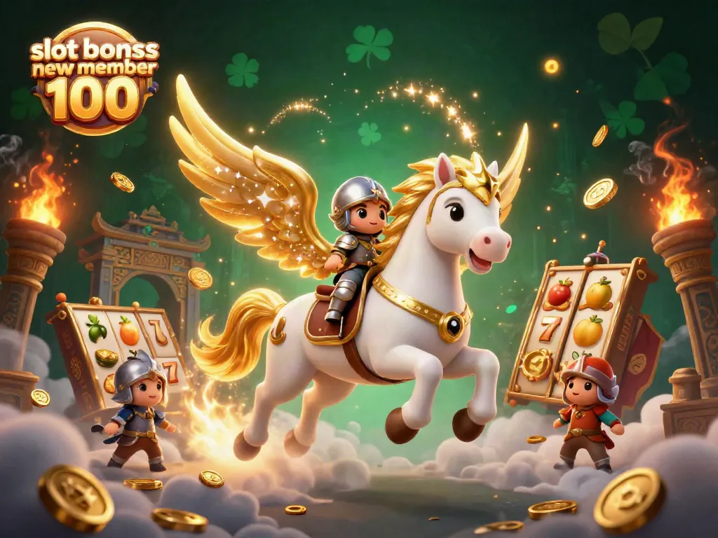 Experience the excitement of slot bonus new member 100 with a dynamic casino scene featuring a celestial horse and knight.