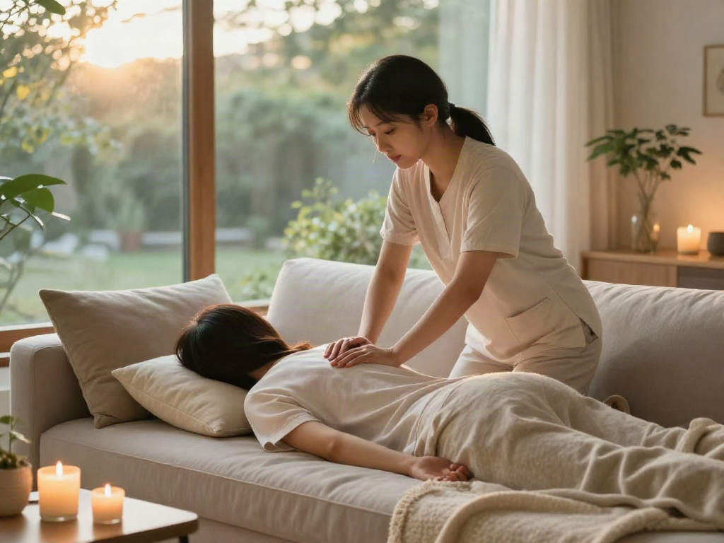 Relaxing home massage scene highlighting 관악구출장안마 services in a calming atmosphere with candles and soft lighting.