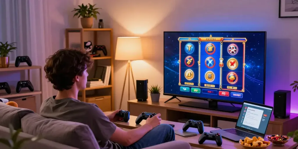 Luxury12 link highlighted in a cozy gaming room with a player enjoying slot games.