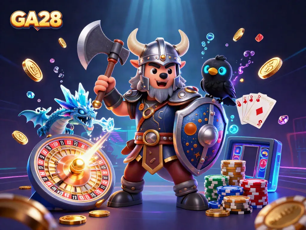 Win big at GA28 with engaging games featuring Viking warrior, dragon, and vibrant casino elements.