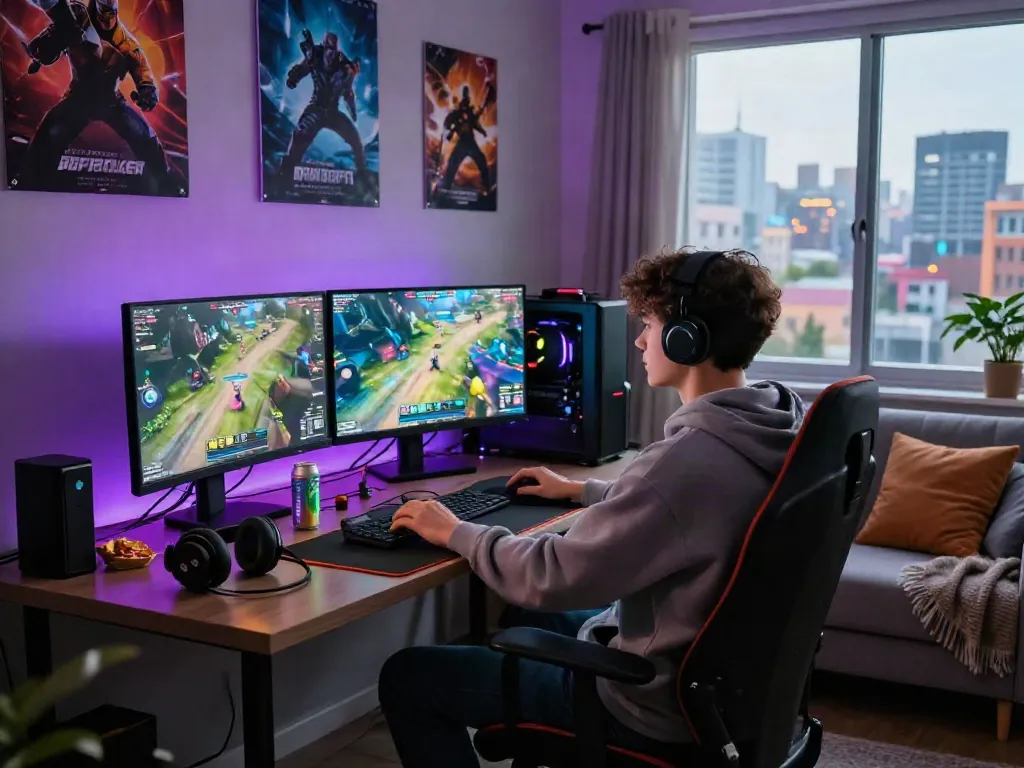 Engaging gaming scene with a player mastering qqmacan on a high-end gaming PC, surrounded by vibrant LED lights and snacks.