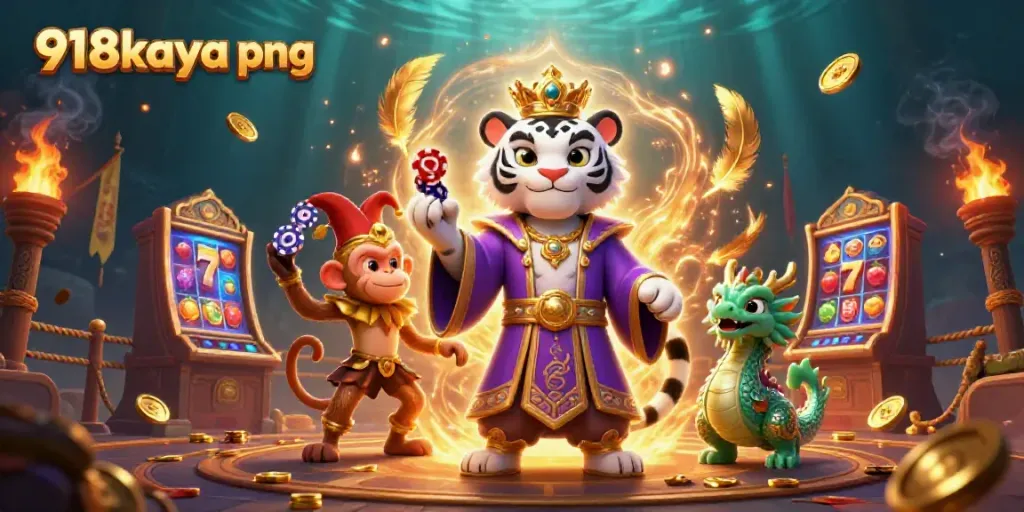 Experience thrilling action with 918kaya png, featuring a majestic white tiger and a playful monkey amid casino-themed elements.