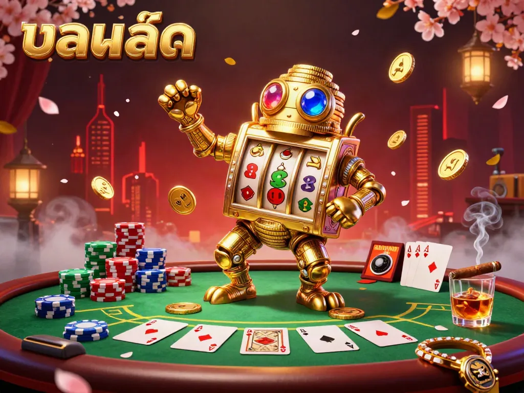 Engage with บอลสด as a golden golem dances amidst vibrant poker elements, lighting up the gaming world.