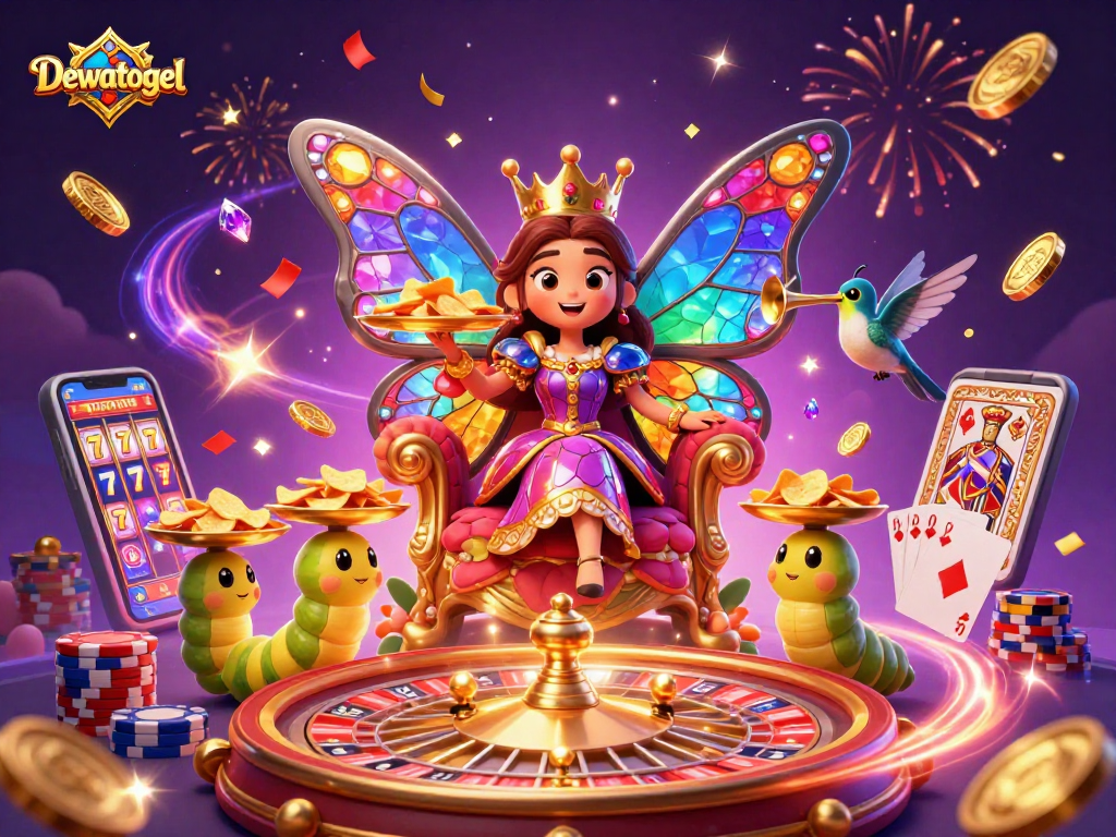 Dewatogel menampilkan ilustrasi kasino 3D dengan kupu-kupu ratu yang megah dan elemen perjudian menarik.