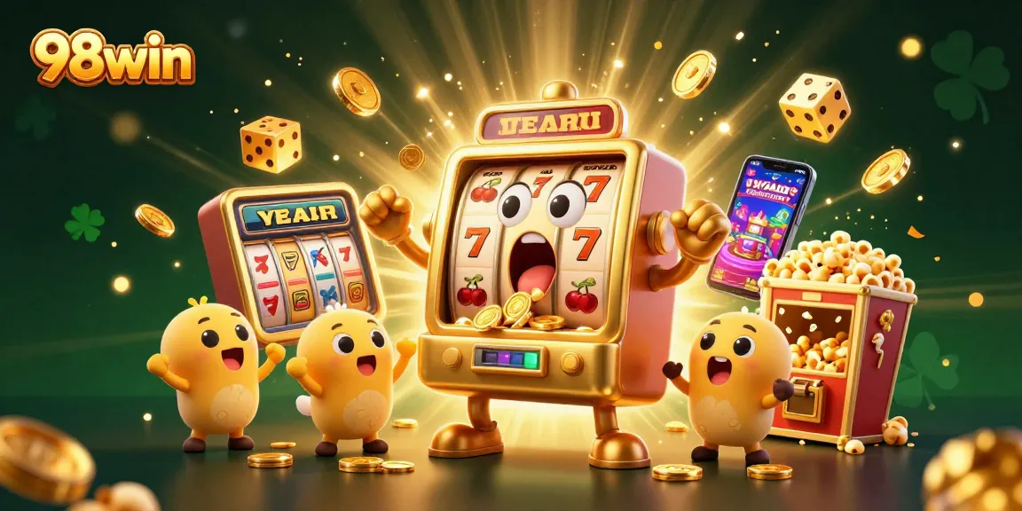 Win big with 98win as cartoon slot machines celebrate jackpots amidst a vibrant casino backdrop.