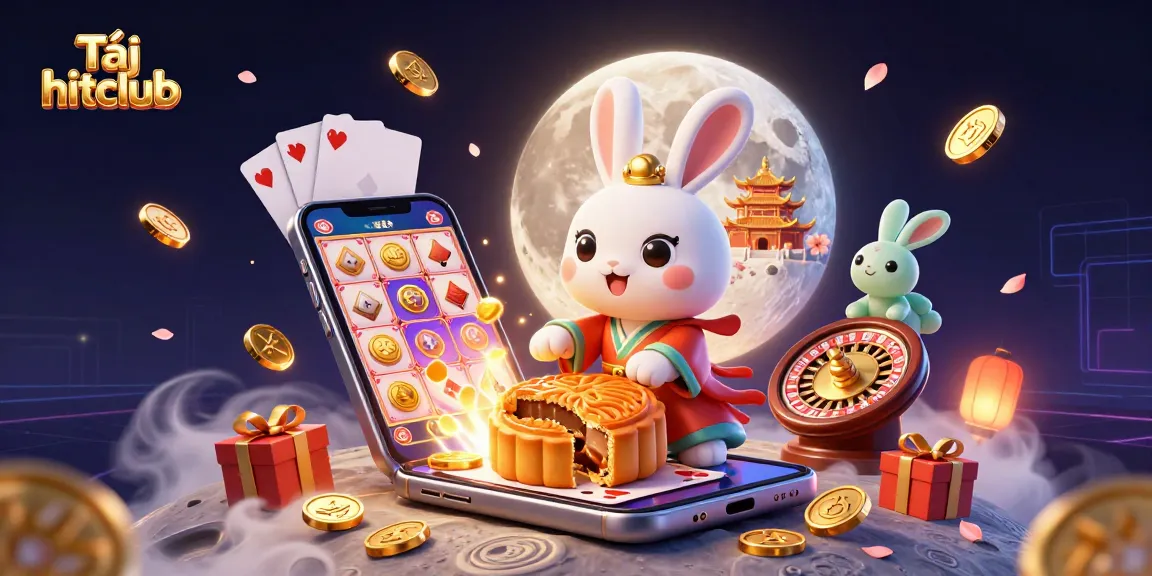 Tải hitclub and enjoy exciting games as the moon rabbit reveals poker chips amid gaming action.