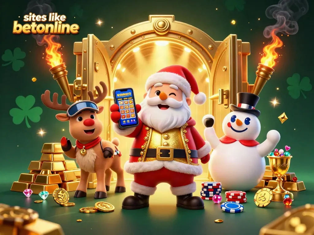 Winning at real-money games with sites like betonline, featuring Santa and a festive casino scene.