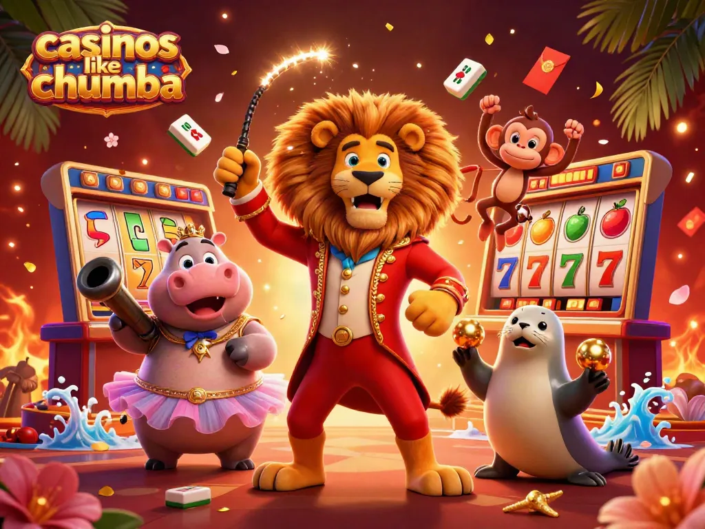 Engage in thrilling gameplay at casinos like Chumba, showcasing an energetic circus scene filled with slot symbols and vibrant characters.