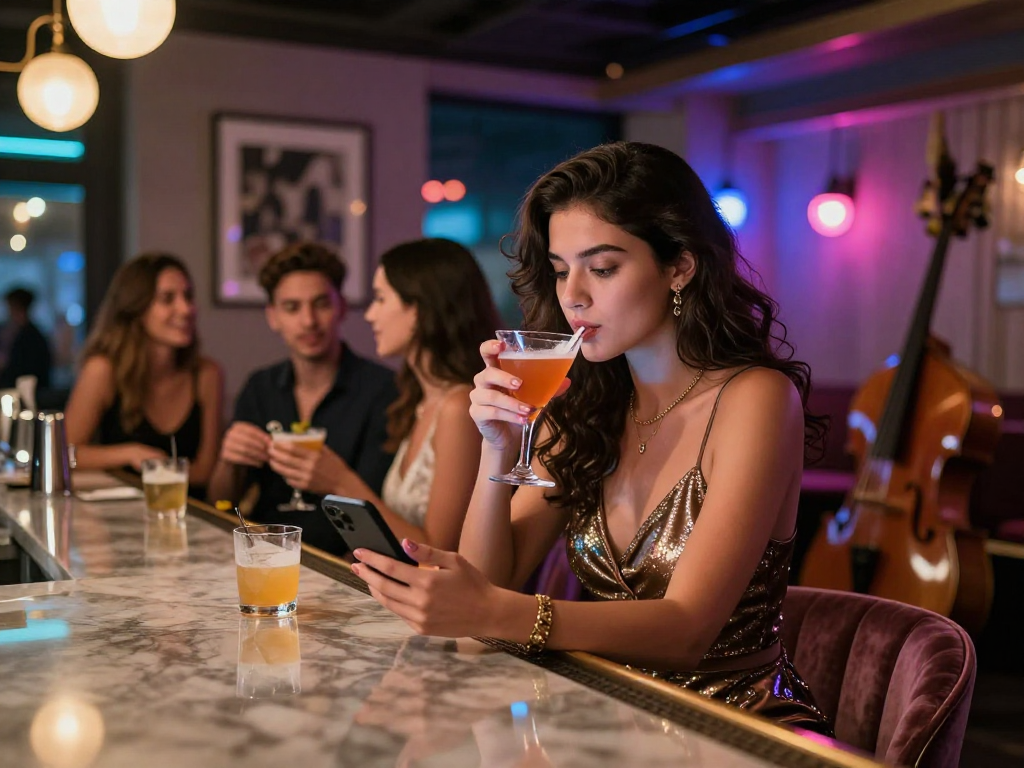 Gái gọi trong không gian quán bar sang trọng, thưởng thức cocktail và kết nối với bạn bè.