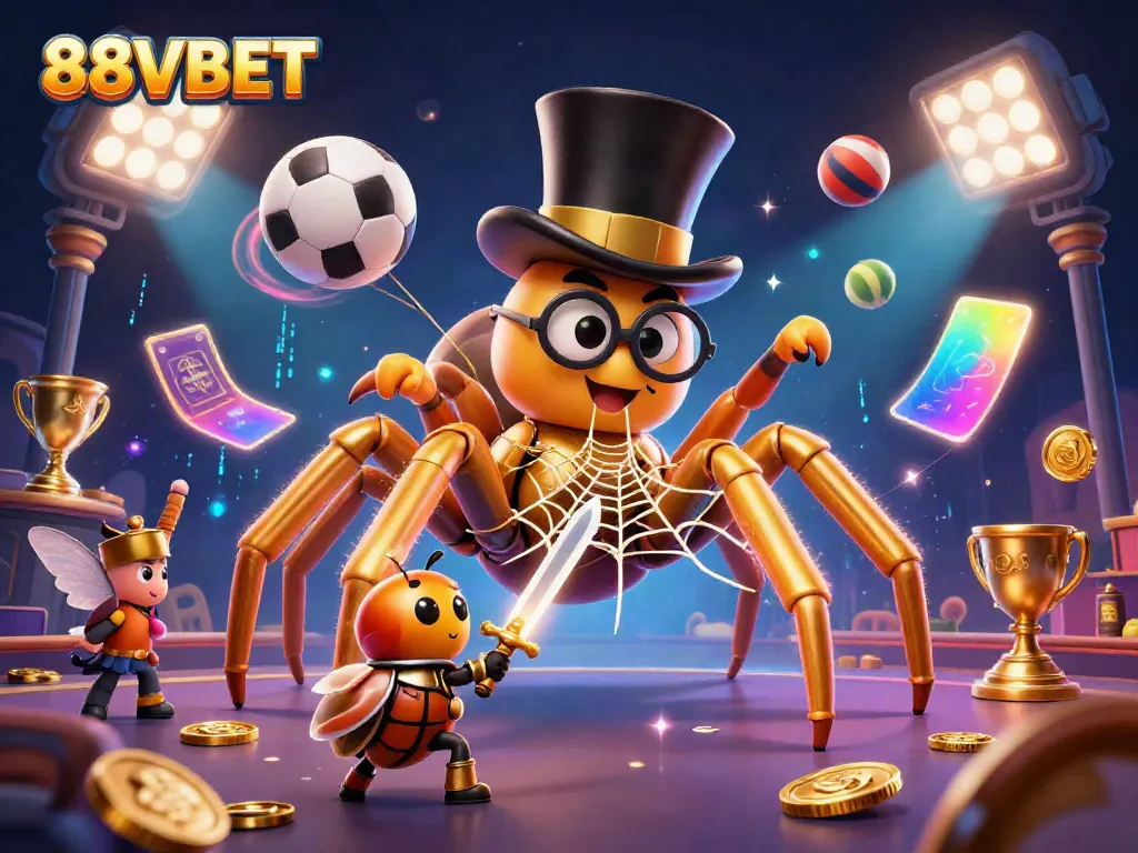 Experience the thrilling action of 88VBET with a captivating 3D illustration of a giant tarantula and beetle knight!