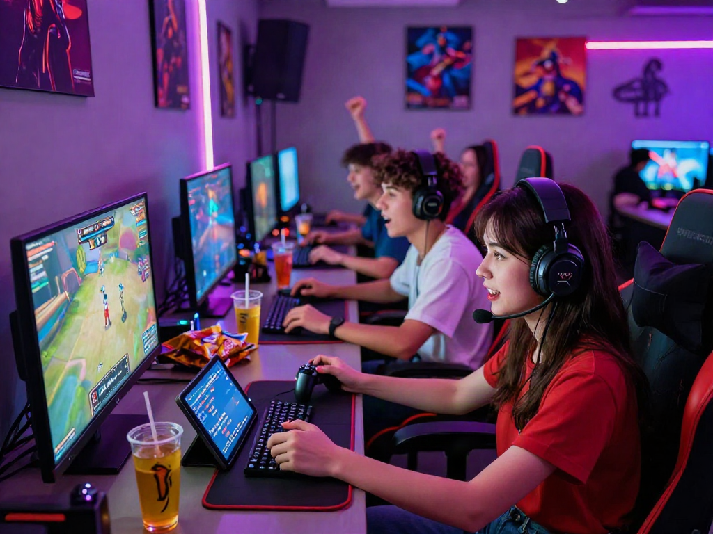 Young adults immersed in porngames in a vibrant gaming lounge atmosphere