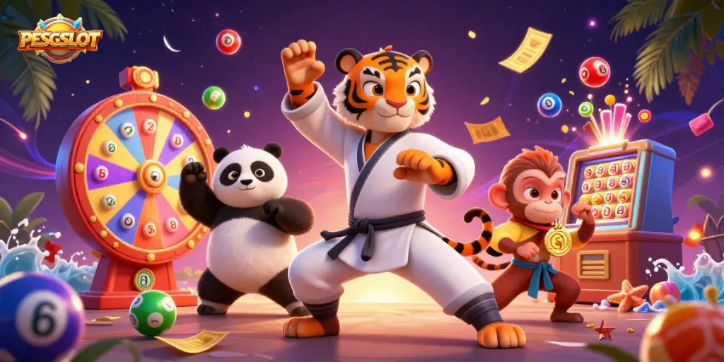 PESGSLOT engaging casino scene with a kung fu tiger and lively game elements.