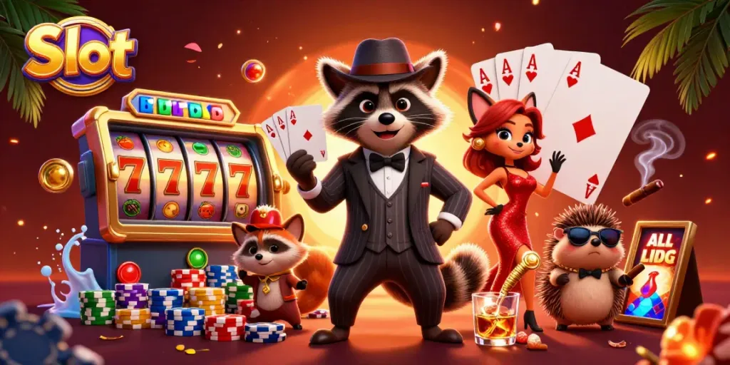 Spin the slot with a charming raccoon in a suit and glamorous fox companion in a vibrant casino scene.