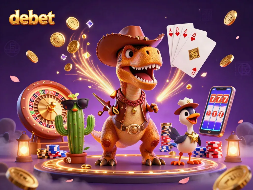 A 3D cartoon T-Rex in a Western hat and cactus companion celebrating victory at debet casino.